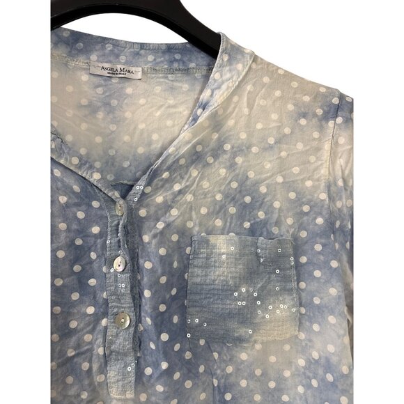 Angela Mara Polka Dot Viscose Button Front Blouse L Pocket Sequins Blue White - Picture 3 of 6